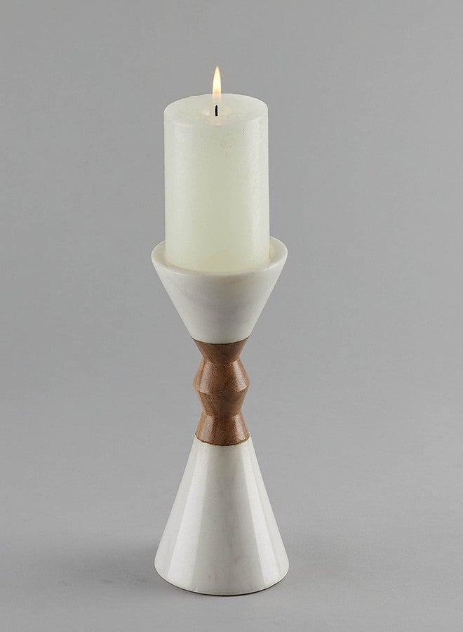 Stone Essential Myra Marble and Wood Candle Holder Stand Pillar Shape for Home Table Decor, Gift and Diwali Decoration (Large) - Image 1